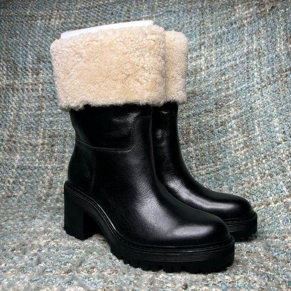 NWOB - Marc Fisher LTD Willoe Shearling Cuff Heeled Boots in Black Leather - Picture 6 of 9